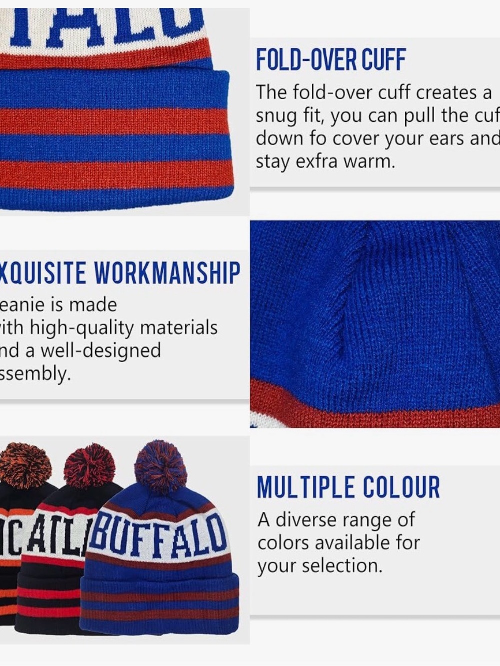 BUFFALO Knit Pom Beanie - Blue & Red - Picture 2 of 4